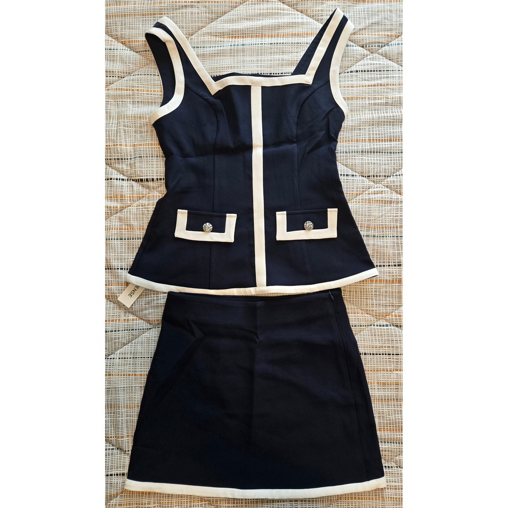 Commense Navy White Contrast Trim 2 Piece Skirt Set Square Neck Sleeveless Small
